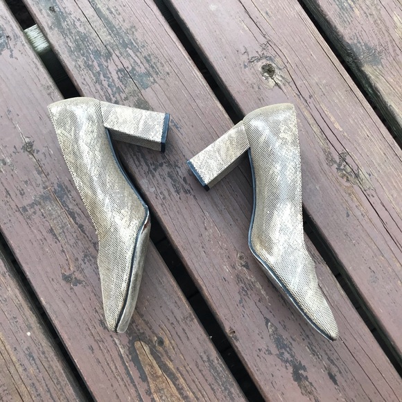 Stuart Weitzman Snake Print Heels Block Heel Gold & Brown Size 7 - Picture 9 of 16